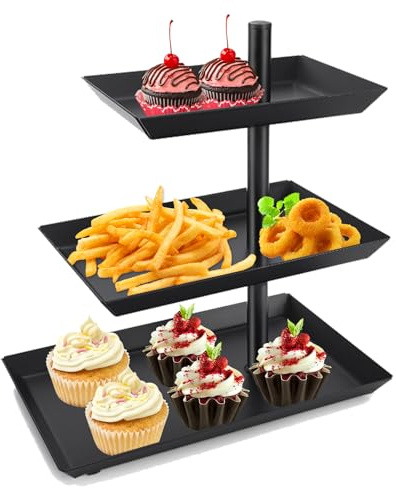 Upriver Etagere Mit 3 Ebenen, Verstellbarem Winkel Schwarz Drehbares Etagere, 360° Drehbares Obstschale für Dessert, Kuchen, Gebäck, Keks, Obst