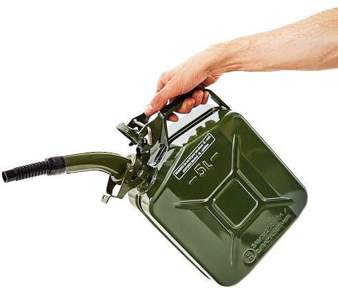 BW® Benzinkanister Metall 5 Liter mit Ausgießer - Kraftstoffkanister Olivgrün - RAL 6003 - TÜV-geprüft und UN-Zulassung - 0,8mm Stahl nach DIN 7274 - Made in Europe