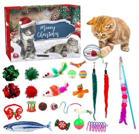 Adventskalender für Katze 2024 Weihnachtskalender 24 Katzenspielzeuge Katzenhalsband Spielzeugmäuse Katzen Weihnachten Geschenk Katzenliebhaber Wiederverwendbar Adventskalender Geschenke (Rot)