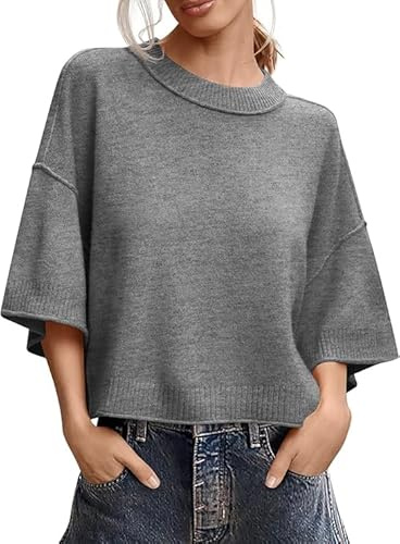 Saodimallsu Damen Pullover Kurzarm Rundhals Oversized T-Shirt Sommer Leicht Fledermausärmel Strickpullover Einfarbig Elegante Oberteile Tops Dunkelgrau XS