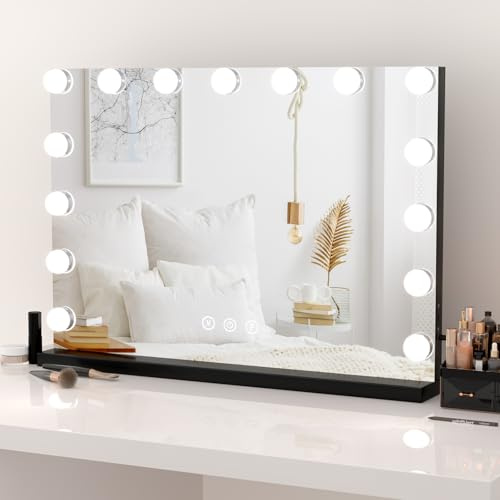 Dripex Hollywood Schminktischspiegel, Schminkspiegel mit 15 Lampen und 3 Farbtemperatur Licht, Kosmetikspiegel mit Touch Steuerung, 58 x 45 cm Schwarz, Aufstellung oder Wandmontage