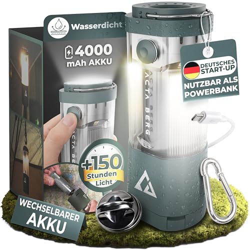 Acta Berg Campinglampe LED 450 Lumen, mit 4000 mAh Akku (Olivegrau) | Bis 150h Laufzeit, IP44 wasserfest, Zeltlampe, Laterne & Taschenlampe, USB-C, als Powerbank nutzbar