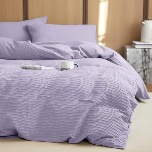 Covebett Seersucker Bettwäsche 140x200 Lila Violett Uni Sommer Wendebettwäsche 2teilig Modern Gestreift Strukturiert Atmungsaktiv Microfaser Bettbezug und Kissenbezug 70x90 mit Reißverschluss