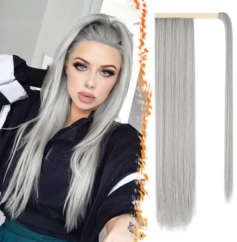 BARSDAR Wrap Around Glattes Pferdeschwanz Haarteil, 66cm Lang Glattes Grau Ponytail für Damen Clip in Pferdeschwanz Haarverlängerungen Synthetik Zöpfe Ponytail Extension Haarteil - Silber Grau