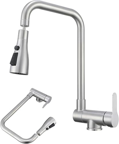 Saeuwtowy Einhebelmischer für Küche, klappbar, mit 3 Strahlarten, Küchenarmatur, faltbar, für Fenster, Küchenarmatur aus Edelstahl 304 (gebürstet)