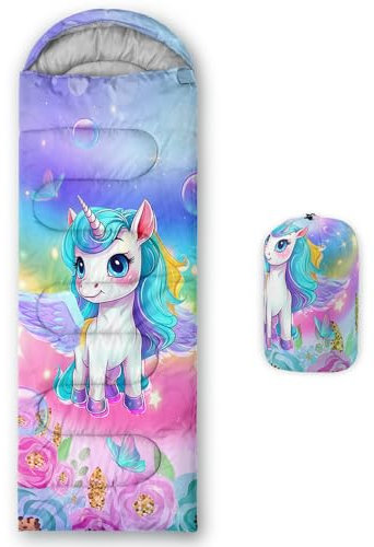 XYNHML Kawaii Camping-Schlafsack mit Einhorn-Muster, warmes und kühles Wetter, wasserdicht, für Rucksackreisen, bunte Blumen, für alle Jahreszeiten, Camping, für Erwachsene, Kinder, Jungen, Mädchen