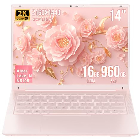 LONGEVINCE 14pollici Laptop, 2160×1440 IPS(2K), Celeron J5105(fino a 2,9 GHz),Privacy Cam，pesa 1,4 kg，Wi-Fi 5,BT5.0,USB 3.0,6000Mah,ultra-sottile portatile Notebook (Oro rosa, 16GB RAM DDR4+960G SSD)