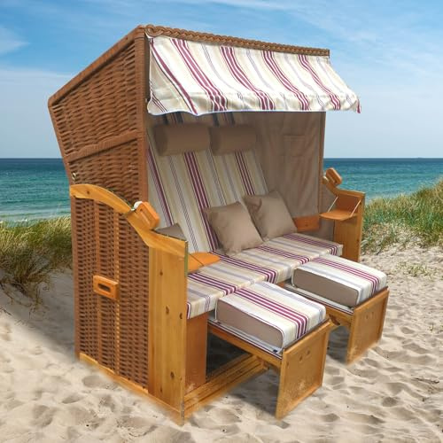 BRAST Strandkorb Usedom 3-Sitzer XXL für 2-3 Personen | 165cm breit | 5 Designs, inkl. wetterfeste Abdeckhaube, verstellbare Rückenlehne Fußkissen | Rot/Beige - gestreift