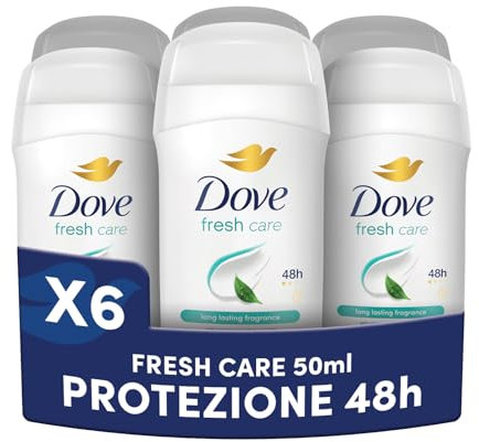 Dove Deodorante Stick, Fresh Care, Deodorante Antitraspirante in Stick, Protezione Fino a 48 Ore, con 1/4 di Crema Idratante, Formula Delicata, Deodorante Uomo e Donna, 6 Pezzi da 50 ml