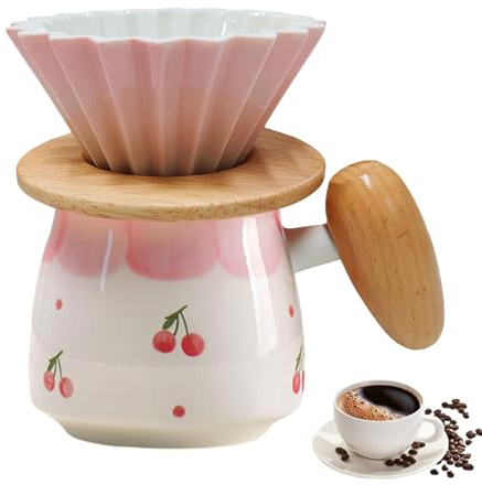 Mafagwre Pour Over Kaffeebereiter Mit Keramikbecher, Kaffeefilterhalter Wiederverwendbar, Kaffeefilter Porzellan Mit Holzgriff, Kaffeekanne Aus Keramik, Manuelle Tropfkaffeemaschine (Cherry)