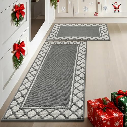 COSY HOMEER Absorbent Kitchen Runner Rug Mats 2 Pieces, 50x76cm+50x122cm, Extra Nonslip TPR Backed Carpet Rugs for Kitchen, Soft Standing & Machine Washable, Vacuum Cleaner Available No Curling, Grey