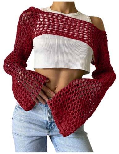 Y2K - T-shirt à manches longues pour femme - Crop Top uni - Une épaule - Crochet creux - Pull Cover Up - Tricot transparent, rouge, S