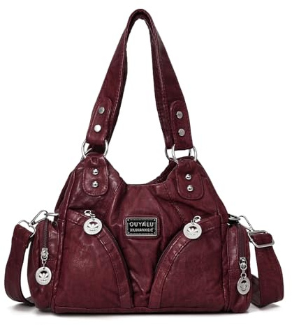 GSenhui City Bag vintage handväska gjord av mjukt läder, hoboväska liten axelväska många fack läderväska damer handtag väska retro axelväska kvinnor för mor punkstil, A4-vinröd