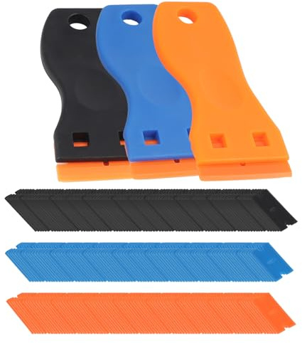 3PCS Multi-Color Plastic Scraper Set with 90 Replacement Blades - Black, Orange, Blue Non-Scratch Scrapers for Safe Removal of Labels, Decals, and Adhesives