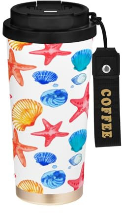 JUMBEAR Taza de viaje colorida con aislamiento al vacío con estrella de mar, tazas de viaje reutilizables para café, taza de café de acero inoxidable de doble pared a prueba de fugas con tapa para