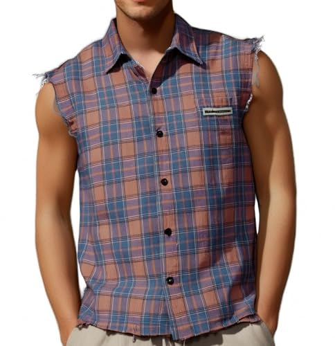Foweknow Camicia da uomo a quadretti, senza maniche, estiva, con risvolto e bottoni, camicia da falegname, camicia tradizionale da uomo, con abbottonatura, camicia da uomo alla moda