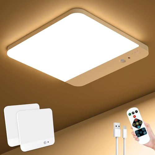 Toowell LED Akku Deckenlampe mit Bewegungsmelder Fernbedienung für Innen | Wiederaufladbar, ohne Stromanschluss, Deckenleuchte ohne Bohren, batteriebetrieben für Keller, Garage, Werkstatt und Treppe