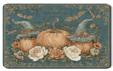 Pumpkin Dish Drying Mats For Kitchen Counter, Vintage Floral Absorbent Rubber Dish Mat, Autumn Halloween PU Leather Drying Pad For Coffee Bar 12x20 Inch