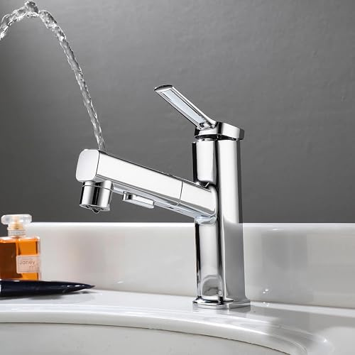 Wasserhahn Bad mit Ausziehbar Brause, Armatur Badezimmer mit 2 Strahlarten, Einhebelmischer Waschbecken, Warm Kalt Mischbatterie Bad, Waschbeckenarmatur für Badezimmer (Silber)
