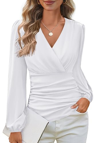 GRACE KARIN Long Sleeve Blouses for Women Dressy Casual, Wrap Tops Work Shirts, 2026 Summer Business Outfits Pure White XL