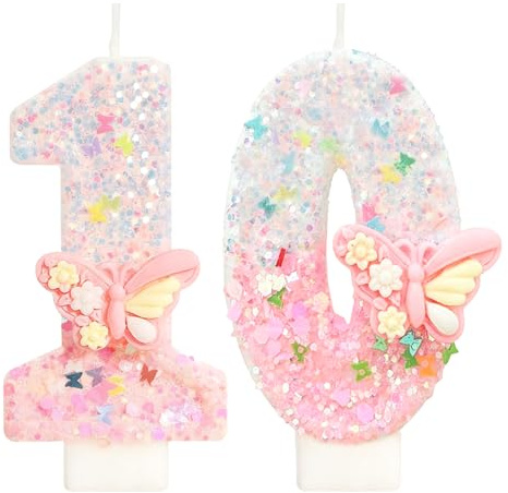 VIKY® Zahlenkerzen 10 - Rosa Geburtstagskerze mit Schmetterling für Mädchen - Kuchendeko & Tortendeko für den 10. Geburtstag - Doppelstellige Kerzen für Torte - Partyzubehör