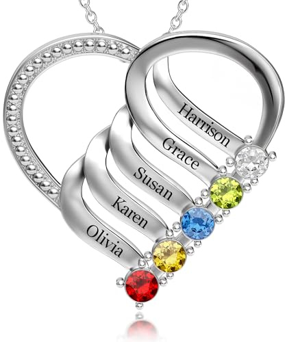 Easycosy Namenskette mit Gravur - personalisierte Kette Damen silber 925 mit 2 3 4 Namen Herz Anhänger Geburtssteinen Halskette - Valentinesgeschenke für Mama Frauen Freundin Oma zum Valentinestag
