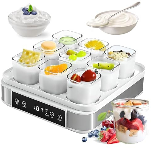TsoLay Yogurtera Digital Automática De 9 Jarras, Pequeña Máquina De Fermentación con Pantalla LCD, Control De Temperatura Y Tiempo Ajustables, Diseño Visible De 360° para Yogur, Vino De Arroz Y Natto