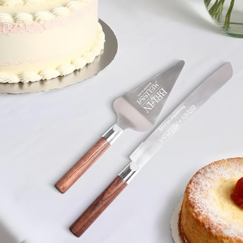 toyofmine Personalized Cake Cutting Set for Wedding, Wooden Handle Cake Knife and Server Set, Custom Dessert Pie Cutter Set for Birthday,Anniversary