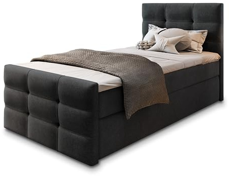 Masseno Boxspringbett Amon 90 90x200 cm Komplett-Set mit Matratze und Topper, Polsterbett mit Zwei Bettkästen -Schwarz, Cosmic 100