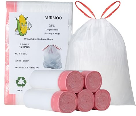 AURMOO Soppåse 25L med Dragband, Müllbeutel, Biologiskt Nedbrytbara Soppåsar med Dragsnöre, Droppsäker Sopsäckar, Bioavfallspåsar, 120 Stycken(B50XH60cm, Vit)