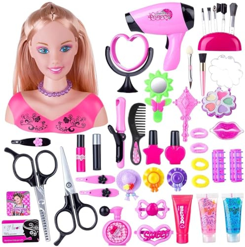 zingking Set di 44 testine per il trucco per bambini, inclusi cosmetici e accessori, asciugacapelli, pennelli per trucco, testa per acconciatura, giochi di ruolo per ragazze