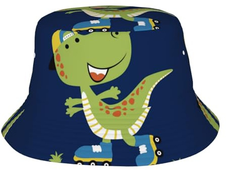 Dino Playing Roller Skate Print Cappelli da Pescatore Protezione UV Cappellino Pescatore Unisex Estate Cappelli per Escursionismo Shopping Estivo