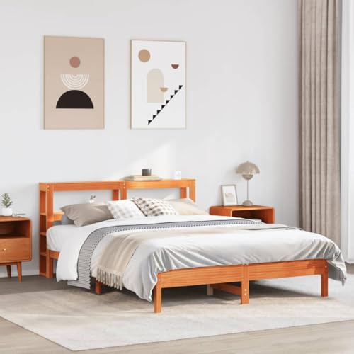 Ordellia Massiv träsäng, 135 x 190 cm, vaxbrun furu, sängram med sänggavel, hyllor, ribbotten, robust plattformssäng för sovrum, hållbar möbel