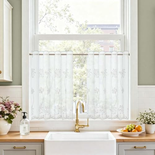 TOPICK Scheibengardine Bistrogardine 2er Set Gardinenschals H60xB90 Weiß | Lichtdurchlässig Küchengardinen für Küche modern Kurzgardine Wohnzimmer Küchenfenster Fensterschal Landhausstil Küchevorhänge