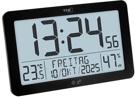 TFA Dostmann Digitale Funk-Wanduhr Tischuhr, 60.2568.01, großes Display mit Temperatur und Luftfeuchtigkeit, Datum, Wochentage, inkl Hintergrundbeleuchtung, gut ablesbar, 20x12cm, schwarz