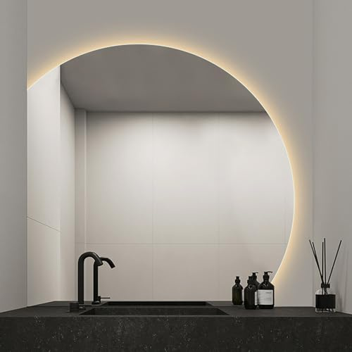 Specchio da bagno retroilluminato a mezzaluna da 28, 32, 36, 40, antiappannamento, 3 colori, luminosità regolabile, specchio da bagno intelligente con illuminazione integrata (taglio a sinistra,