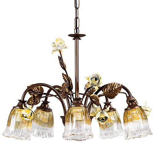 Helios Leuchten 203759/1 Florentiner Deckenleuchte Pendellampe | Blüten Hängelampe | Florale Lampe Leuchte Kronleuchter Landhausstil | Pendelleuchte 5 x E14