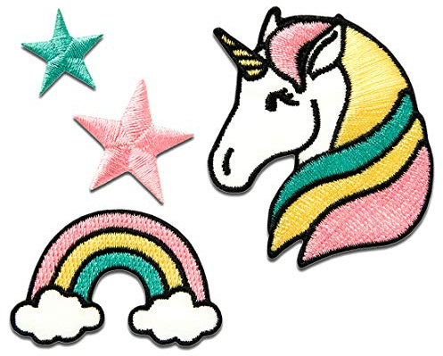 Mono-Quick Einhorn Stern Regenbogen Aufnäher zum Aufbügeln Fantasy Set zum Aufbügeln Bügelbild für Kinder Mädchen mit Magisch Fee Pailletten Effekt, Bastel DIY Mitbringsel Kindergeburtstag Geschenk