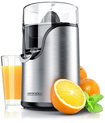 Arendo - Zitronenpresse elektrisch Edelstahl - Saftpresse, Orangenpresse, Limettenpresse - Start-Stopp-Automatik - großer und kleiner Presskegelaufsatz - Siebeinsatz - BPA frei
