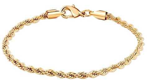 Barzel 18K Gold Plated 3MM Rope Chain Bracelet For Men & Women, Made in Brazil