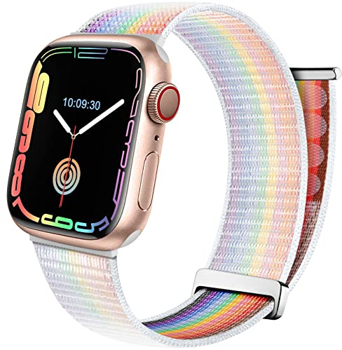 Mastten Sport Loop Pride armband kompatibelt med Apple iWatcharmband 38 mm 40 mm 41 mm för män och kvinnor, nylon kardborreband flätade armband för iWatch Series SE 7 6 5 4 3 2 1, vit regnbåge