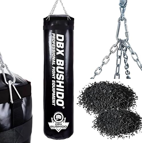 DBX BUSHIDO SPORT Boxningssäck fylld med gummigranulat 130 cm – boxsäck 60 kg – träning boxning sport och kickboxning – punching bag (svart med granulat)