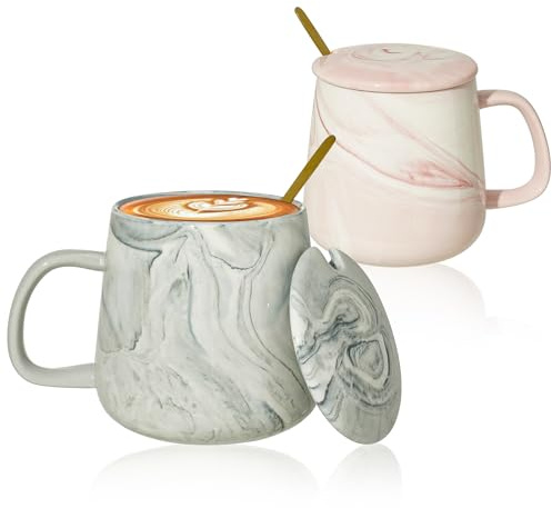 2 PACK Ceramic Cappuccino Cup, 13.5 oz Mr and Mrs Cappuccino Coffee Cups Pink & Gray Marble Coffee Mug with Lid Spoon Ice Coffee Espresso Cups Mocha Latte Tea Cups Wedding Valentines Day Couple Gifts