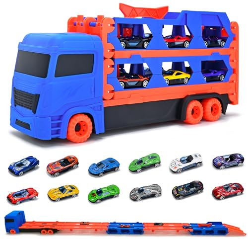 Donaky Camion Giocattolo per Bambini Design Pieghevole a 3 Strati con 12 Auto da Corsa Bisarca Giocattolo Camion Macchinine per Bambini di 3 4 5 6 Anni, Blu