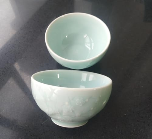 Twokiln Celadon glazed rice bowl,Longquan celadon 4.5 inch 10 Oz rice bowl, sushi dipping sauce bowl, seasoning bowl, natural mineral glaze lead-free, 2 piece. (Plum blossom blue)