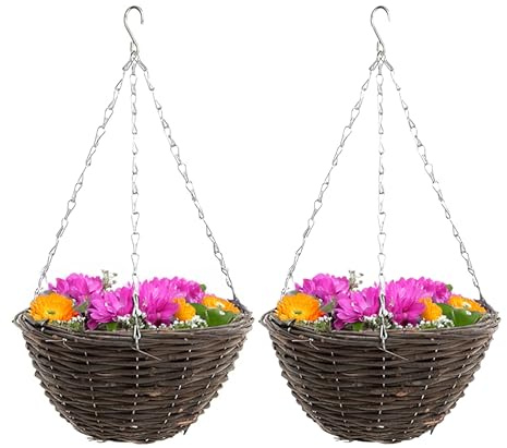 ADEPTNA Set of 2 Round Garden Hanging Baskets with Lined - Natural Basket Hanging Plants Wall Flower Planter Pot with Detachable Hanging Chain for Home Garden Decoration (14’’ RATTAN BASKETS)
