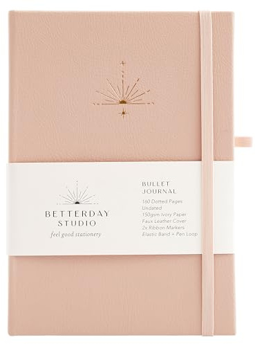 Betterday Studio – Odaterad Bullet Journal – 160 prickade sidor med fuskläderfodral, 2 x bandmarkörer för bokmärkning, dagbok med pennögla, journal anteckningsbok för scribbling – rodna