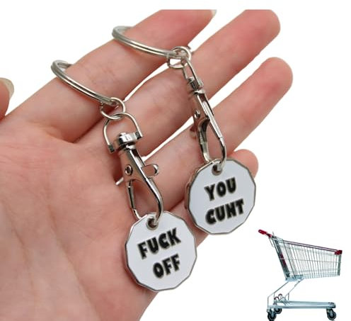 2pk Rude Trolley Coin Keyring Set | Token Keyrings for Supermarket Cart | New Pound UK Coin | Secret Santa Gifts