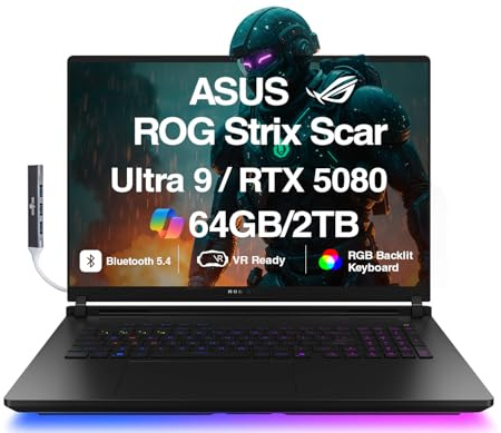 ASUS ROG Strix Scar AI Gaming Laptop 18 240Hz Mini LED WQXGA Display (Intel Ultra 9-275HX, GeForce RTX 5080 16GB, 64GB DDR5, 2TB PCIe SSD, RGB KB, Win 11 Pro) w/DKZ USB Port Expander