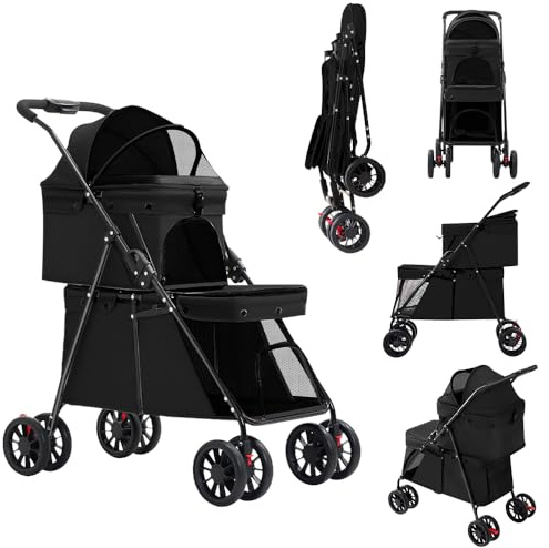 OHMG Passeggino Buggy doppio per cani e gatto, 3 in 1, pieghevole fino a 25 kg, trasportatore per gatti, borsa di trasporto per gabbie per cani